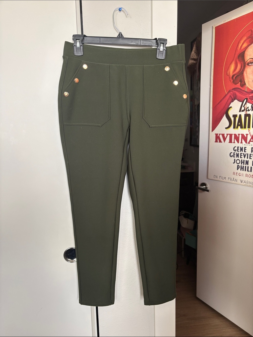 Olive Cropped Ponte Ankle Pants with Gold Button Accents